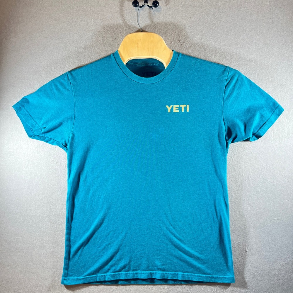734 | YETI Tropical Sunset Palm Tree Graphic T-Shirt Teal Mens Large